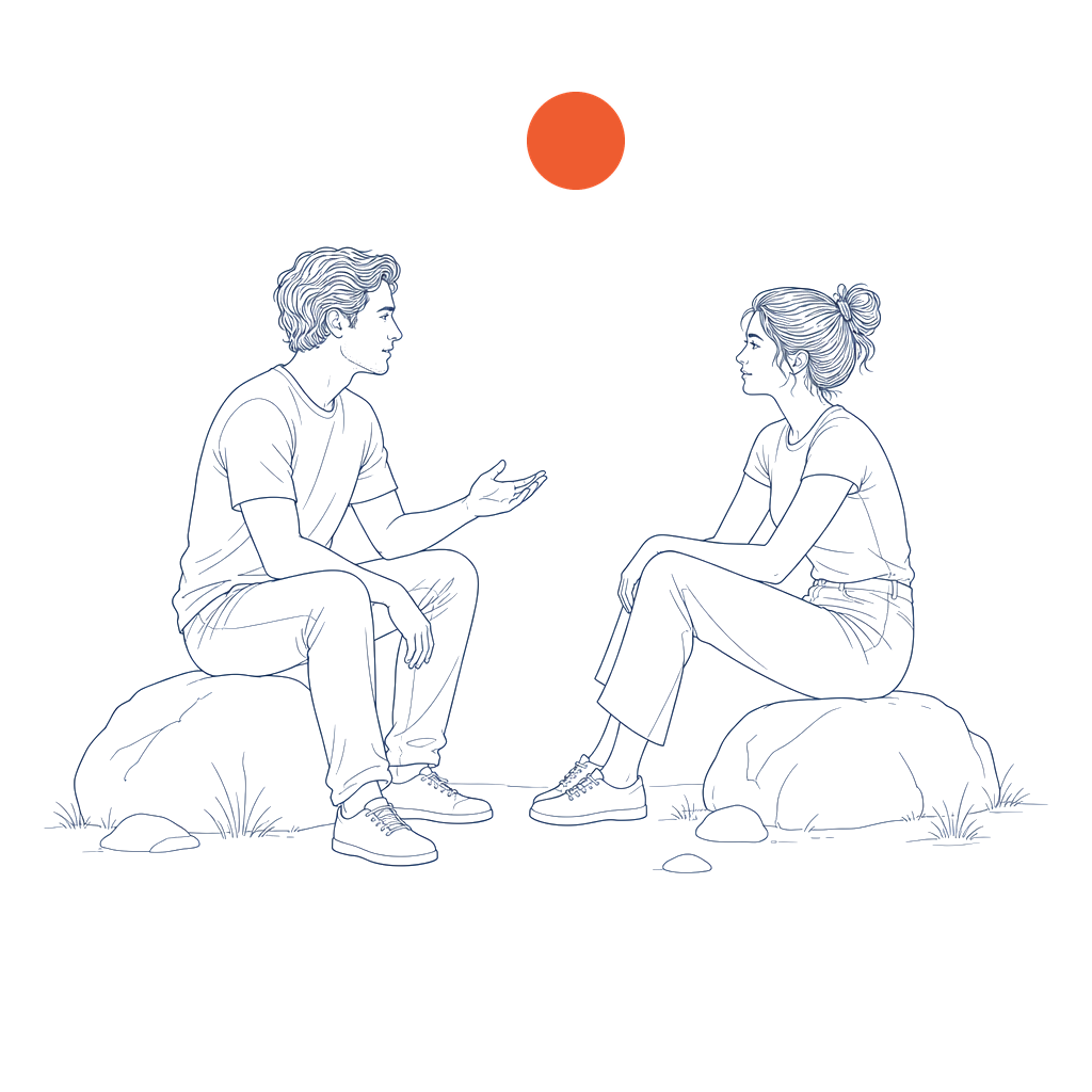 Illustration: Zwei Menschen im offenen Gespräch auf Felsen in der Natur