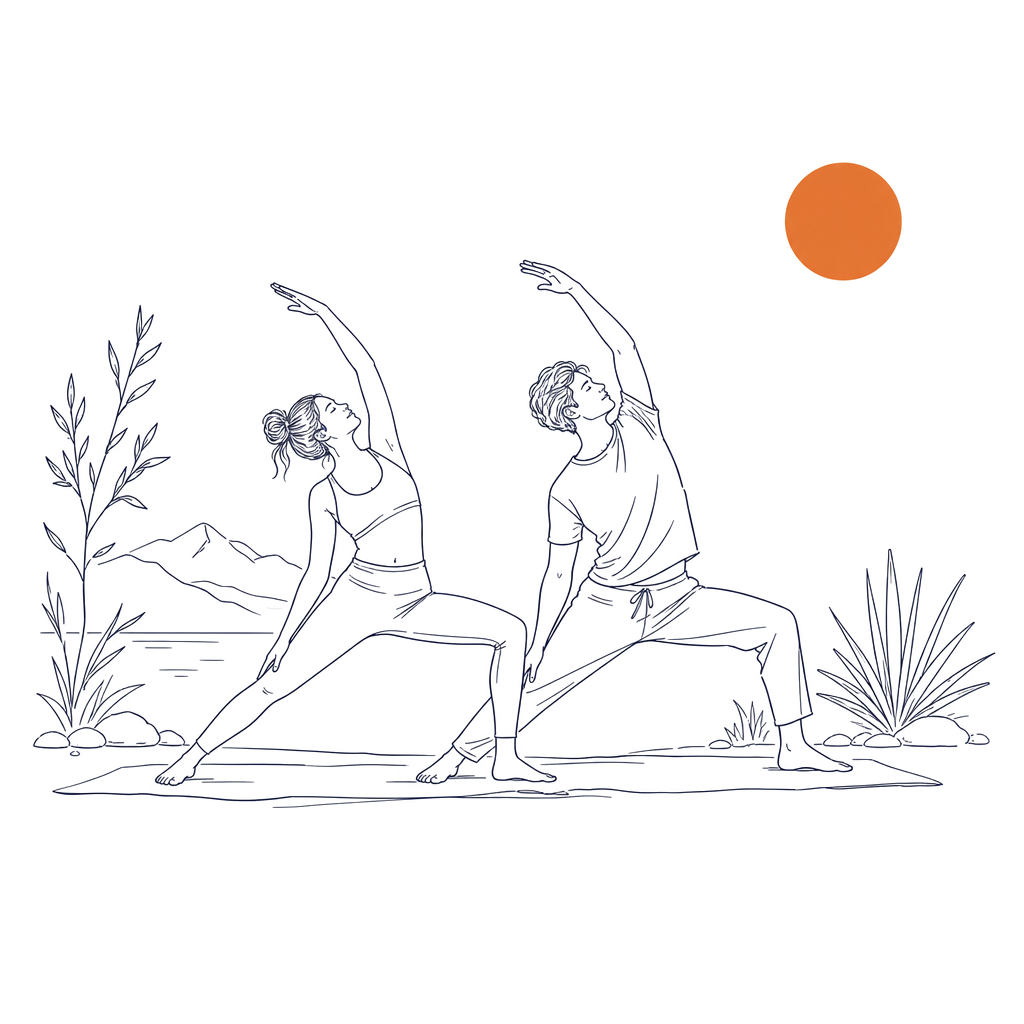Illustration: Zwei Menschen beim Yoga in der Natur