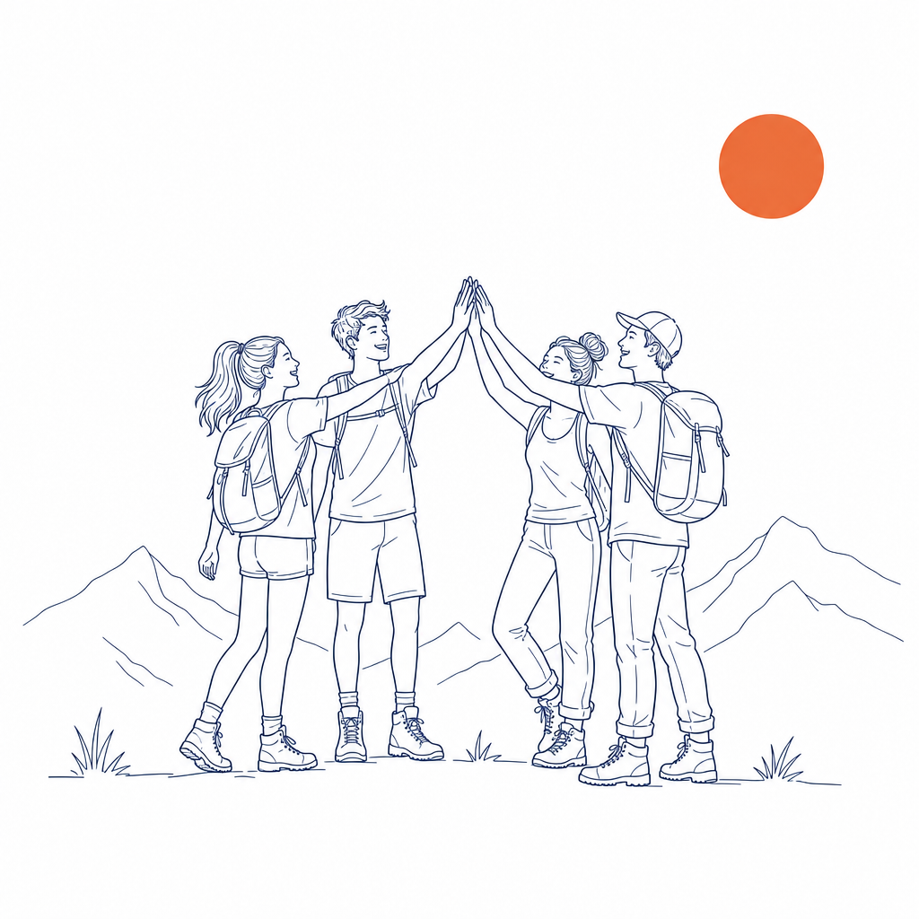 Illustration: Gut gelaunte Menschengruppe klatscht sich in der Natur in die Hände